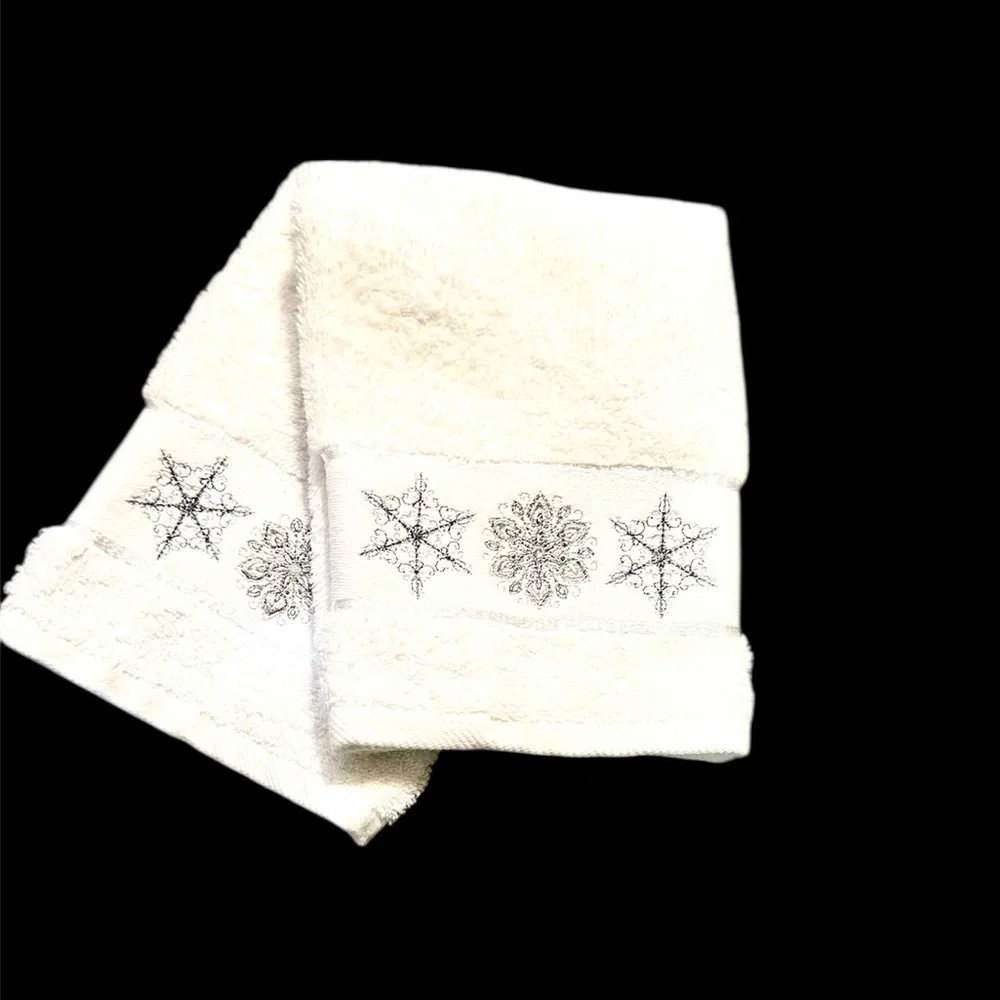 Winter Dreams White Hand Towels with Silver Embroidered Snowflake Made in Turkey